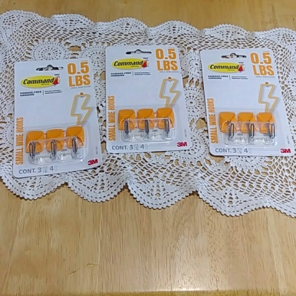 3M Command Strip 3-Pk Bundle Of Damage-Free Hanging Small Wire Hooks W/Strips
